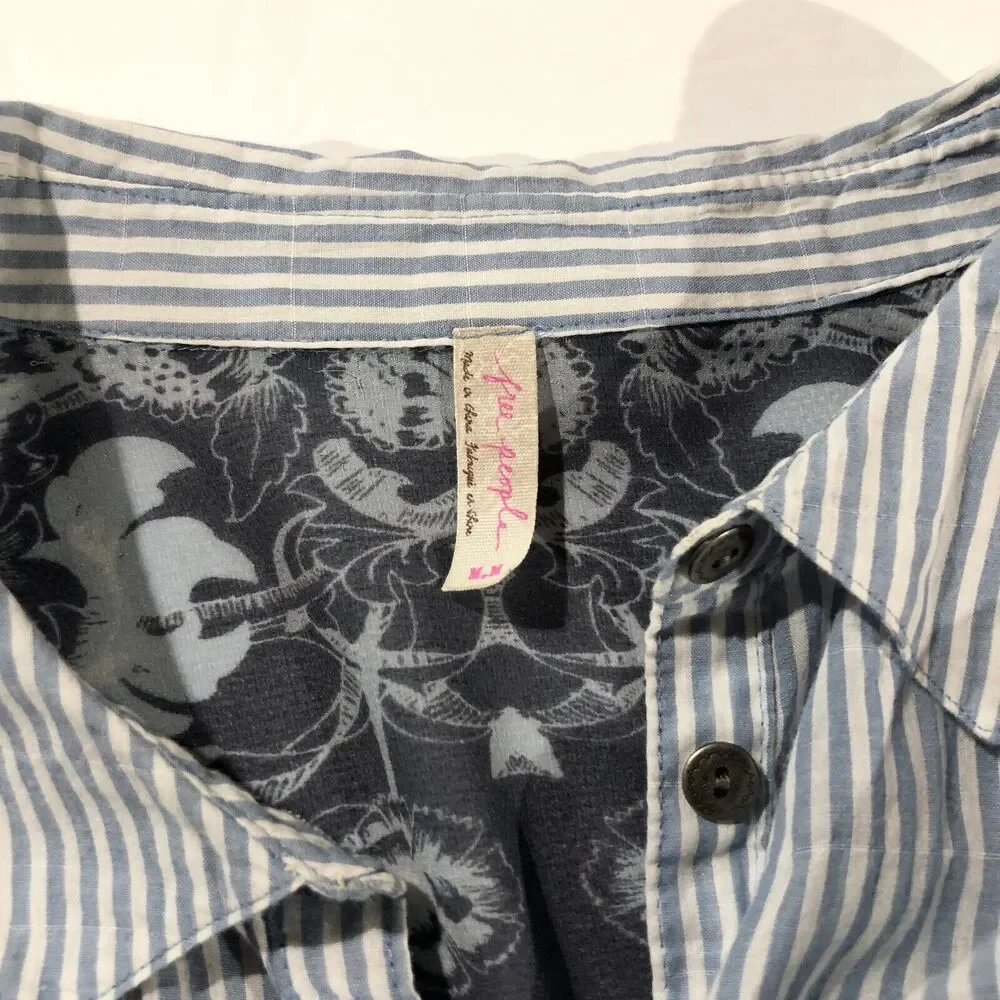 Free People Party in‎ The Back Striped Sheer Floral Shirt Blouse Top Button Sz M